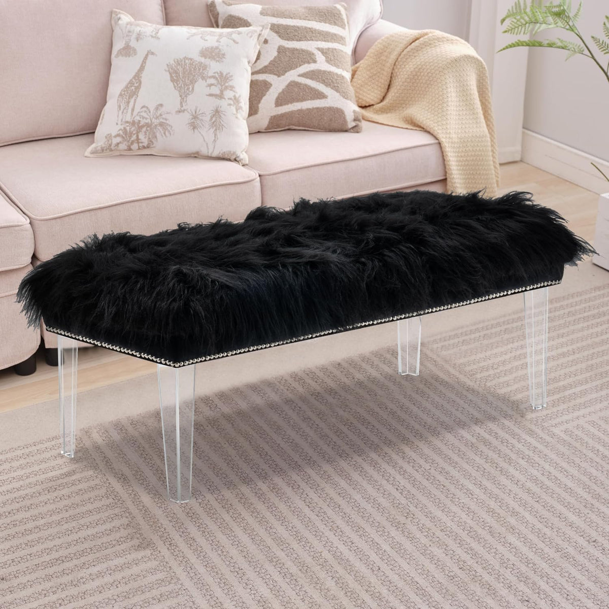 Modern Black Faux Fur Ottoman Bench - Upholstered Furry Bench with Acrylic Legs for Bedroom, Living Room, Entryway, Vanity or Bed End