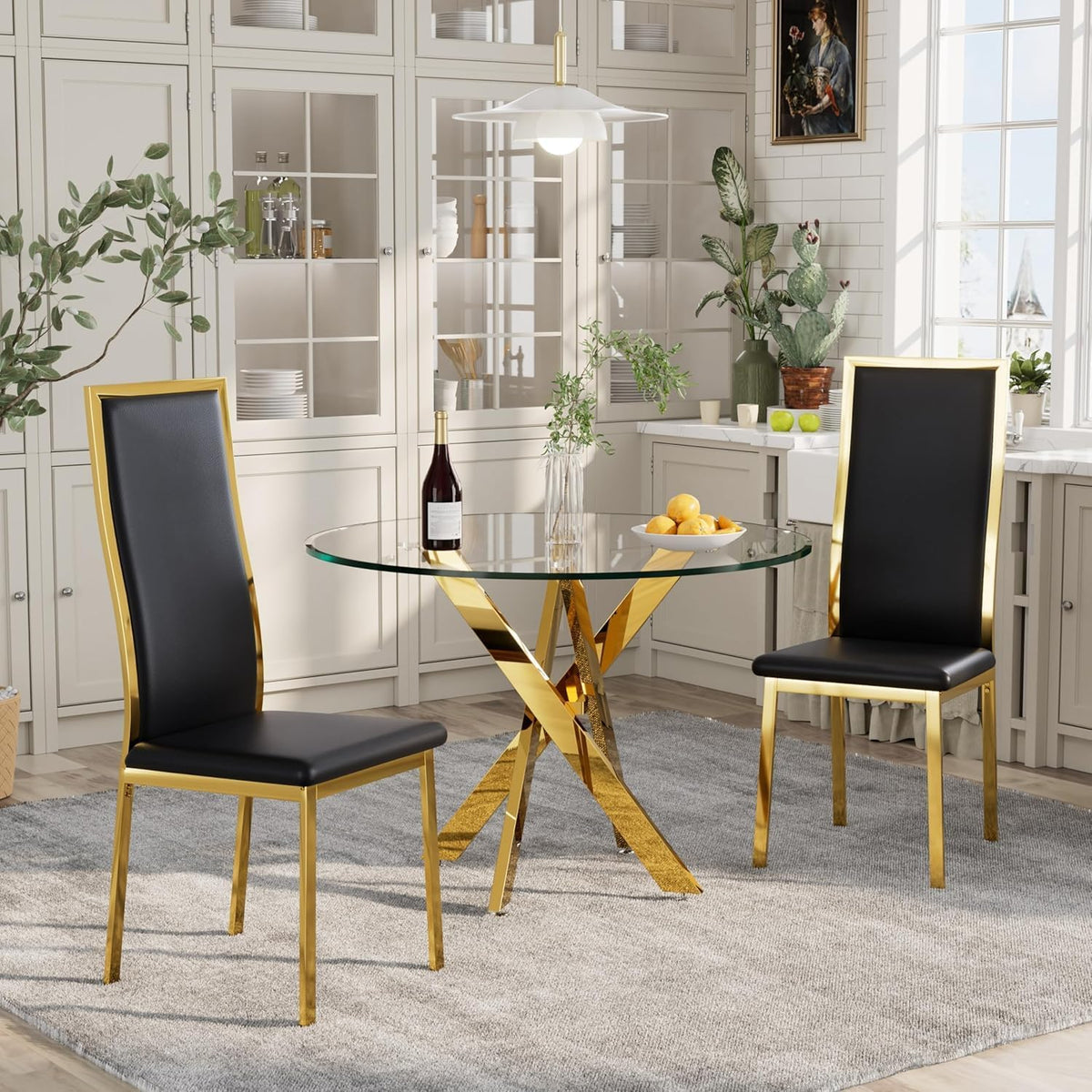 Modern Dining Chairs Set of 2, Black Faux Leather with Chrome Gold Metal Legs, Curved High Back Design & Cloud Cushioning, Mid-Century Kitchen Chairs with Non-Slip Feet (Easy Assembly)