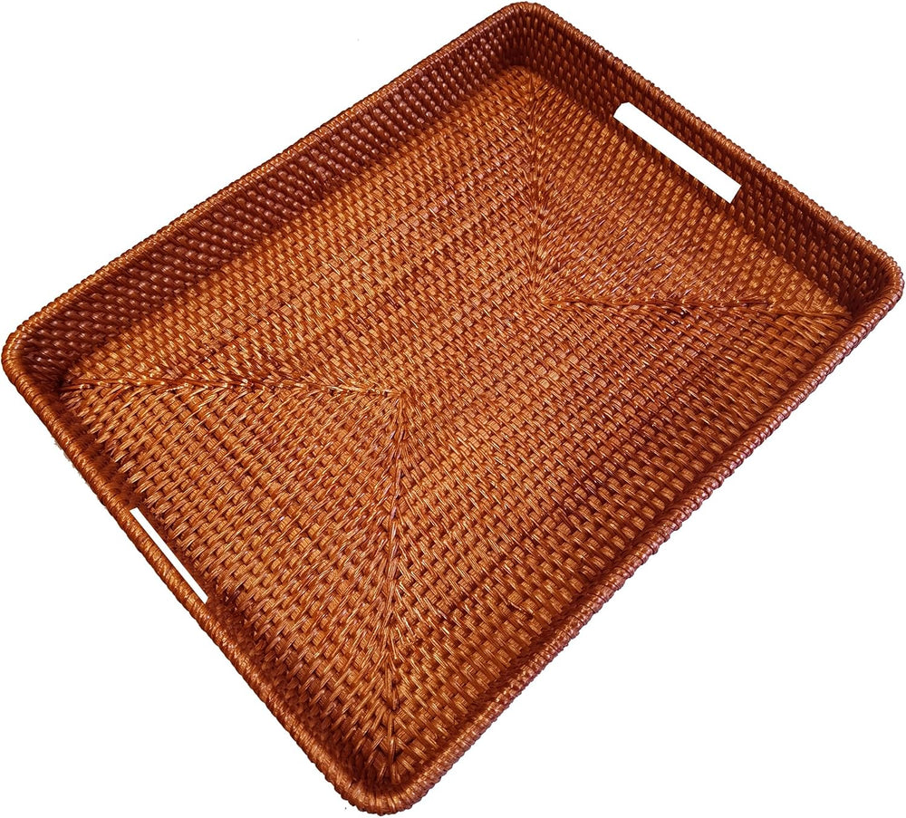 i-lan 17" Oversized Rattan Serving Tray with Handles Dark Brown Wicker Tray