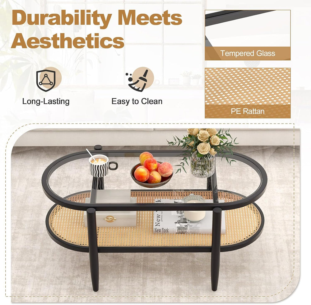 GIANTEX Rattan Coffee Table, 40" Wood Oval Center Table, Black