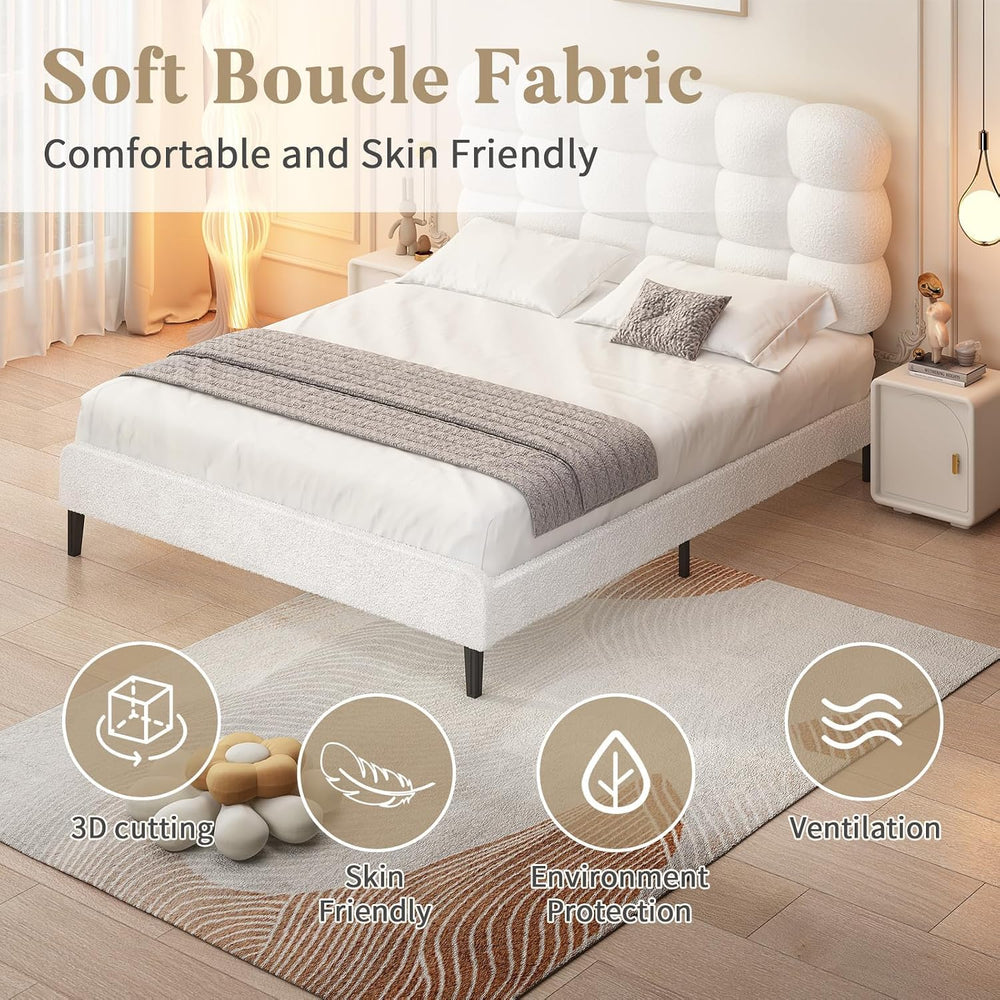 BarnFurin Queen Bed Frame, Soft Teddy Cloud Boucle Headboard, White