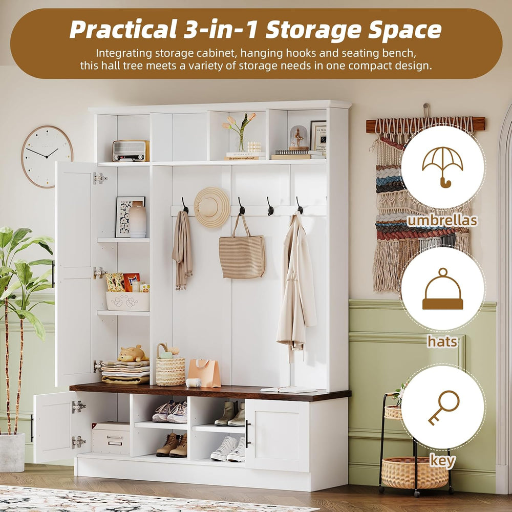 Merax Farmhouse Wood Hall Tree with 6 Hooks and Shoe Bench, Mudroom Versatile...