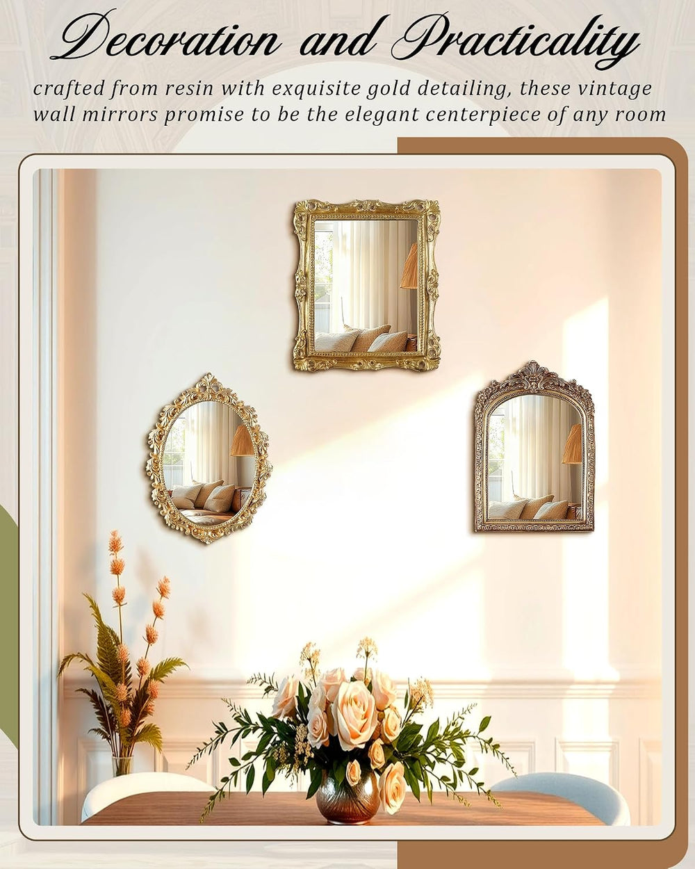 Wonderjune 3 Pcs Vintage Gold Wall Mirror Set, Retro Mixed Style