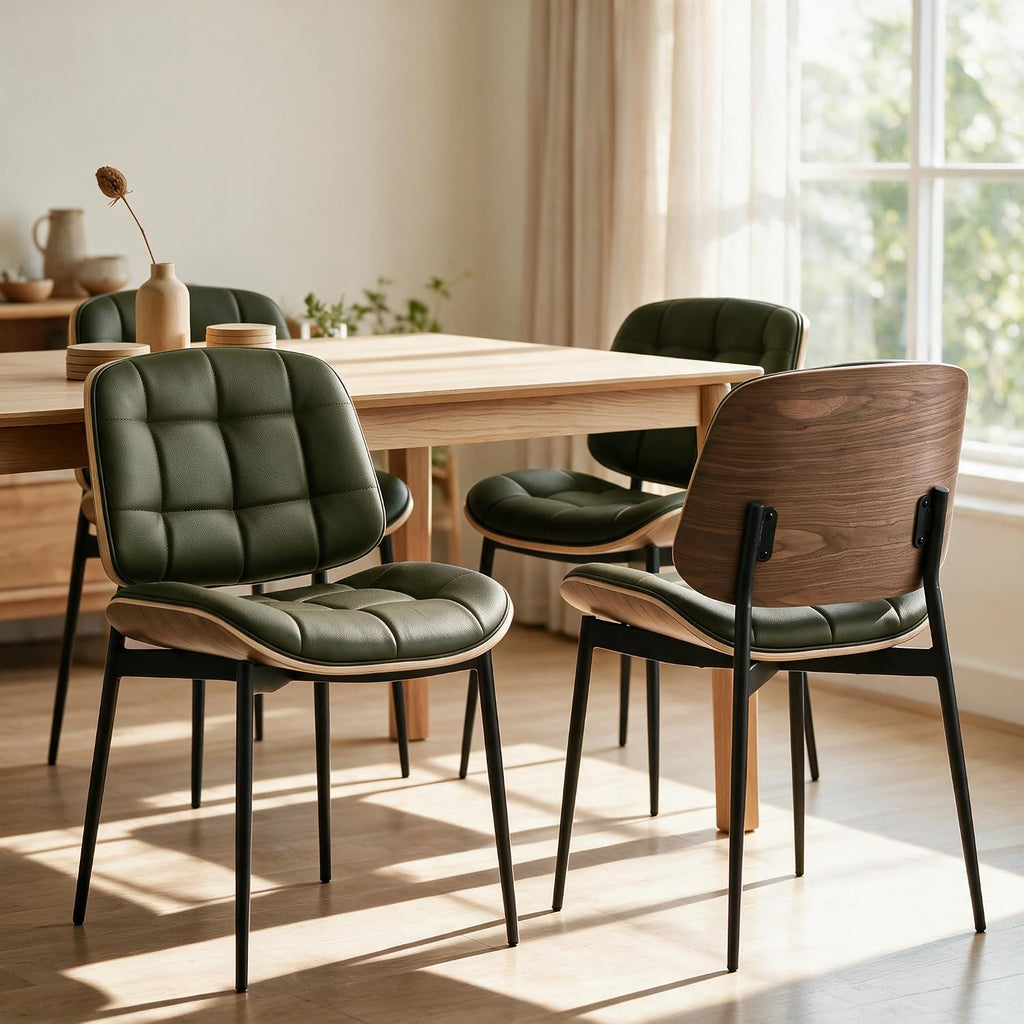 GrandNoor Mid Century Modern Dining Chairs with Walnut Grain Back, Green Faux Leather Dining Room Chairs Set of 2, Checkered Soft Cushion Kitchen Chairs with Adjustable Foot Pads