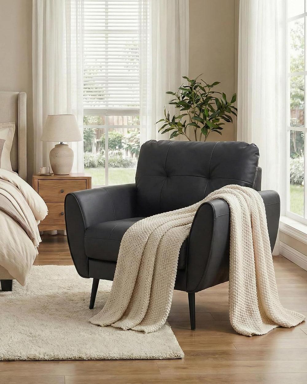 Black Leather Accent Chair, Tufted Reading Armchair for Living Room Office