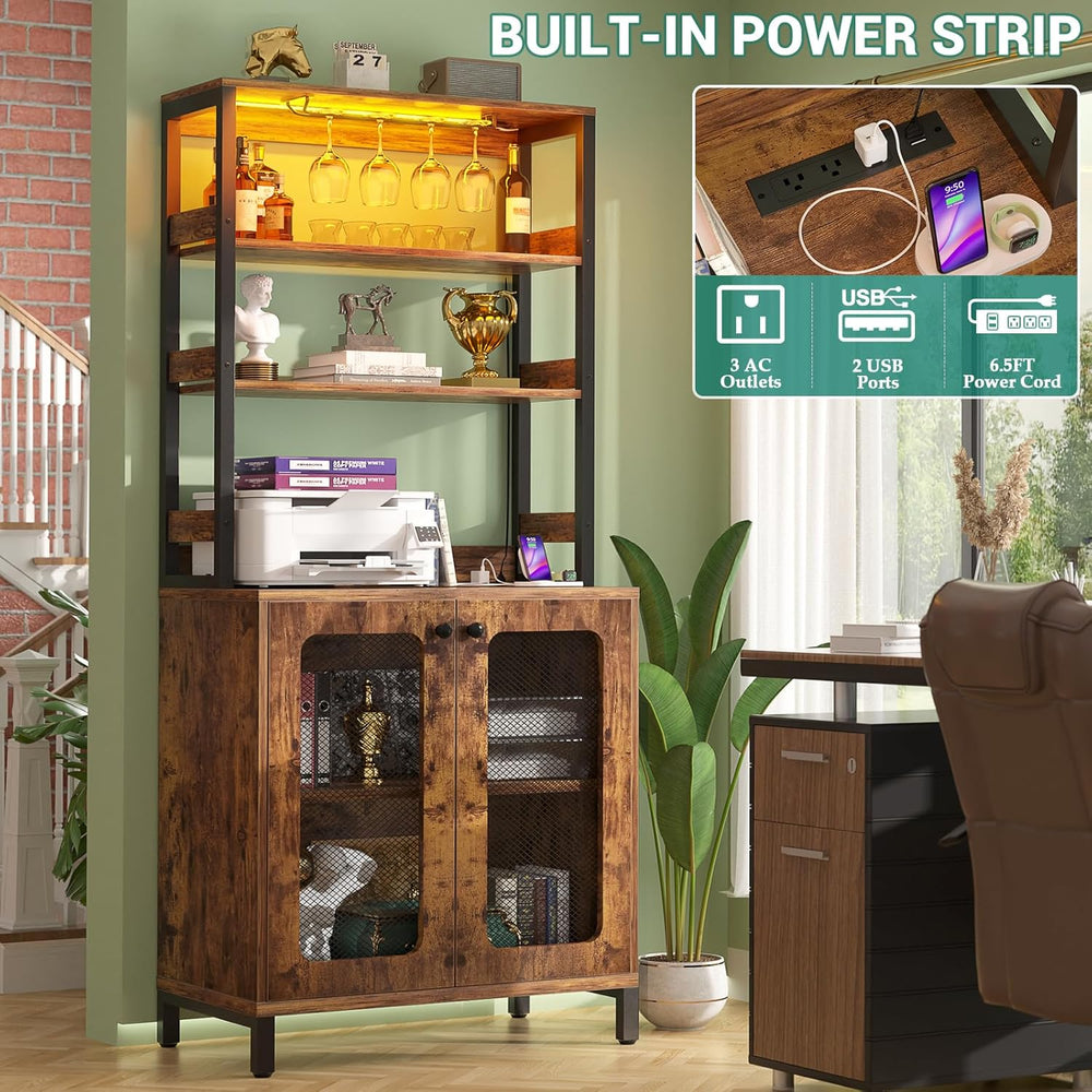 Aheaplus Bar Cabinet with Power Outlets, LED Lights, 67" Tall Wine Cabinet