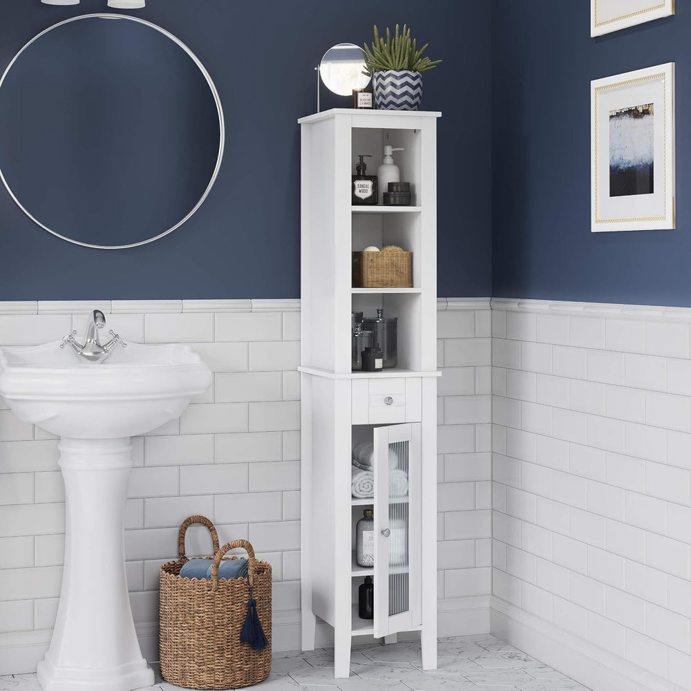 RiverRidge Prescott Tall Slim Bathroom Linen Storage Cabinet, White