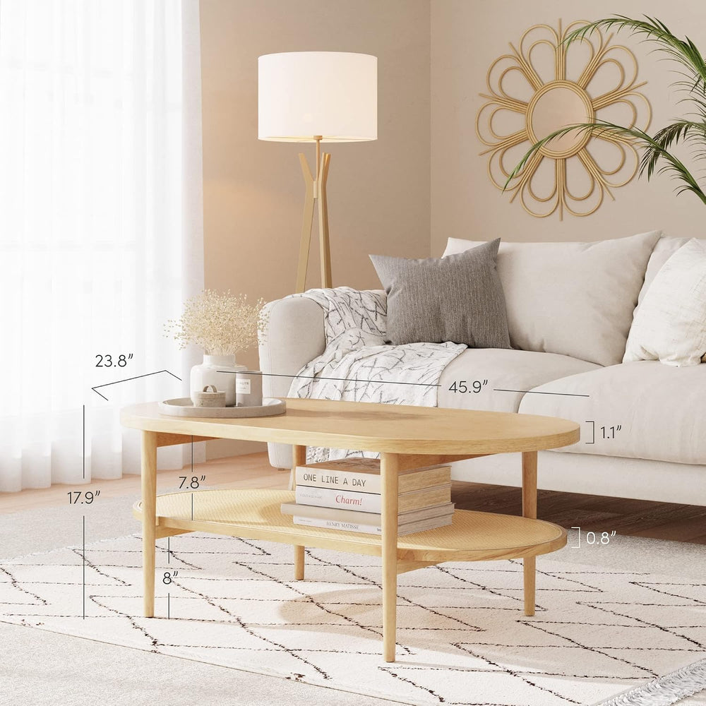 Nathan James Sonia Coffee Table with Storage Shelf, Light Wood/Rattan