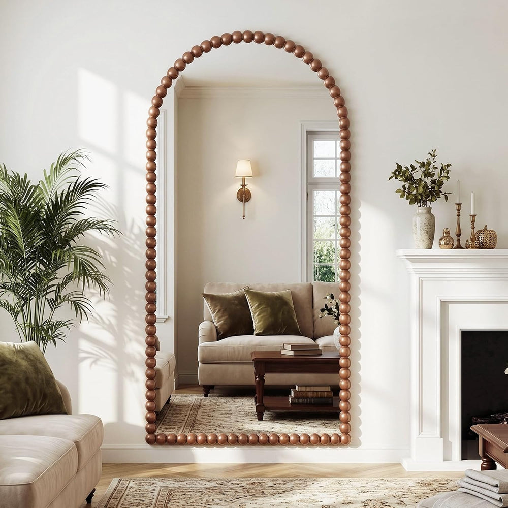 Antok 76" x 34" Arched Full Length Mirror, Antique Beaded Frame Flo...