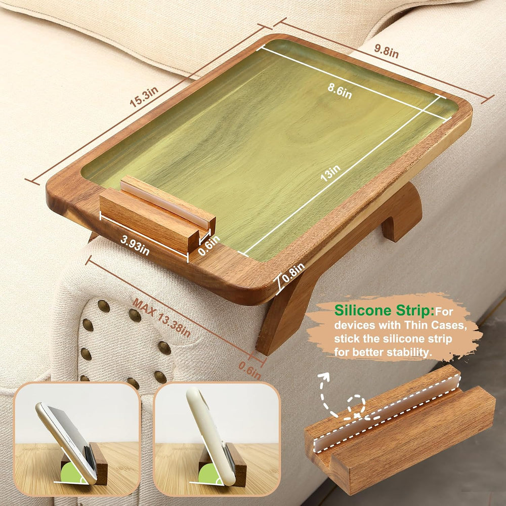 SINWANT Couch Arm Tray,15.35x9.84 in Sofa Clip on Arm Table,Acacia Wood