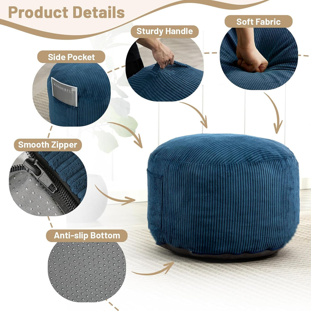 Round Stuffed Pouf Ottoman (Blue, 26" D x 26" W x 18" H)