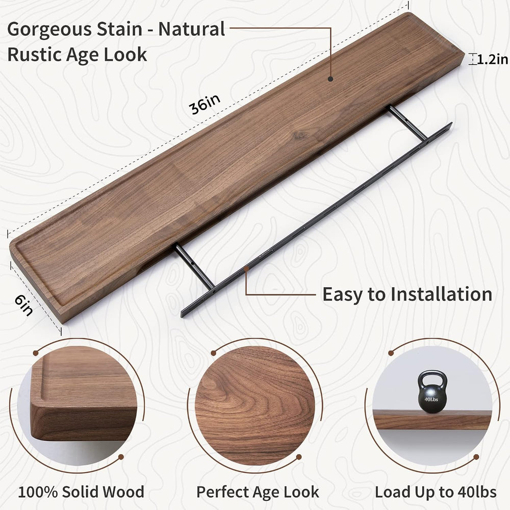 Axeman 36 Inch Solid Walnut Wood Floating Shelves, 6inch Deep Wall Shelves