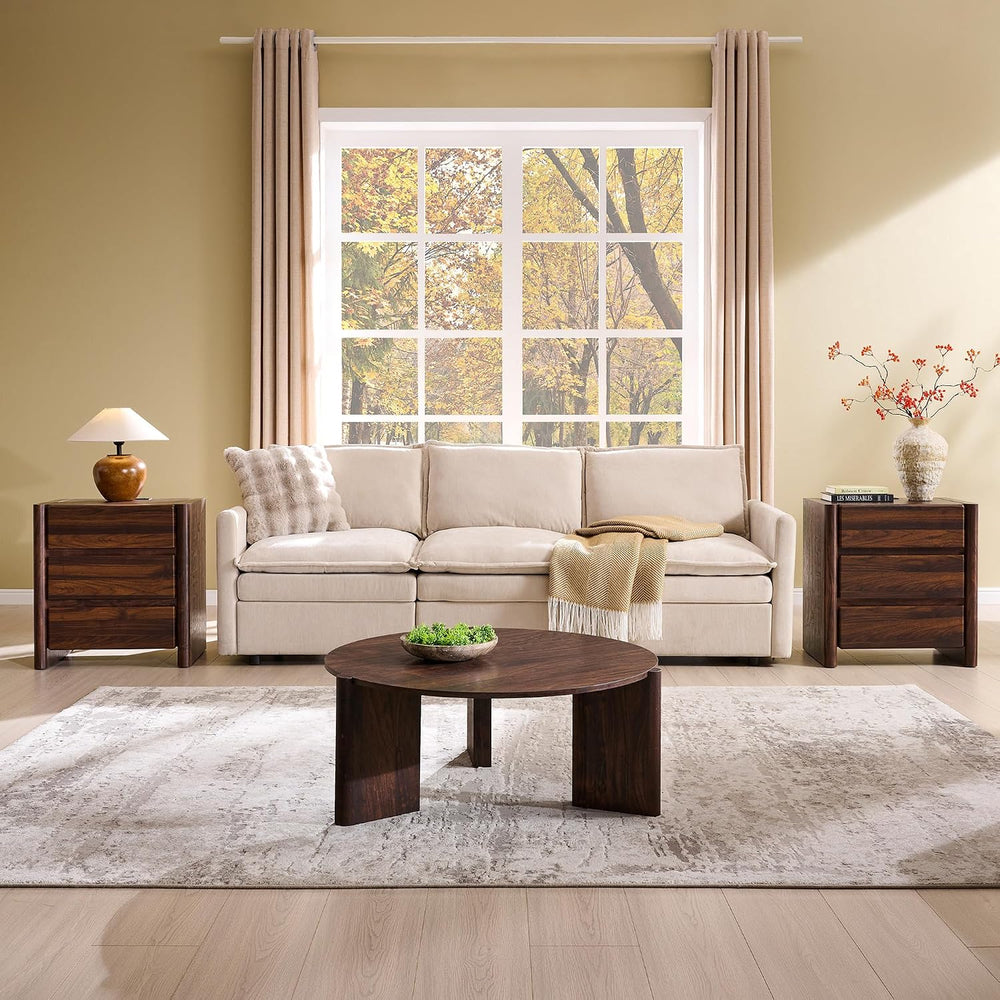 33.5" Wood Round Coffee Table, Small Modern Circle Coffee Table, Brown