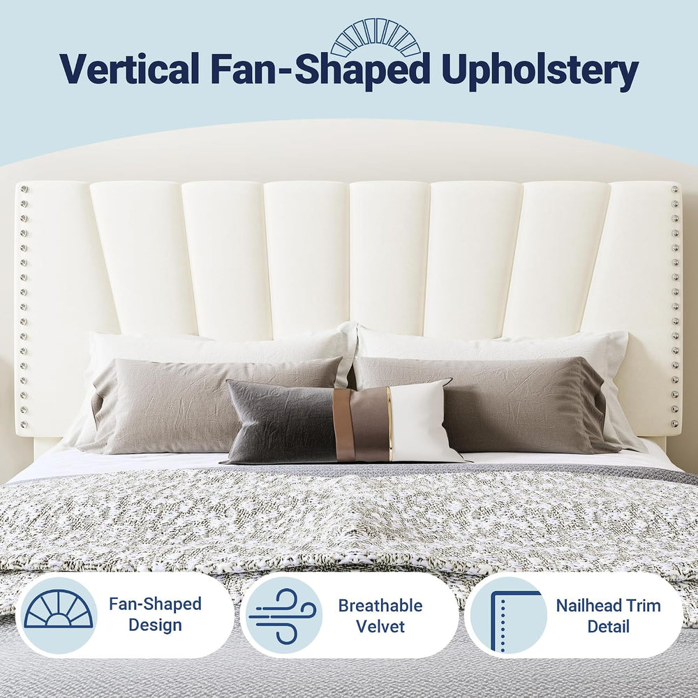 Allewie King Size Velvet Platform Bed Frame with Adjustable Headboard Cream