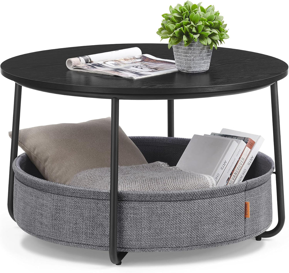 VASAGLE Round Coffee Table with Storage, Fabric Basket, Metal Frame