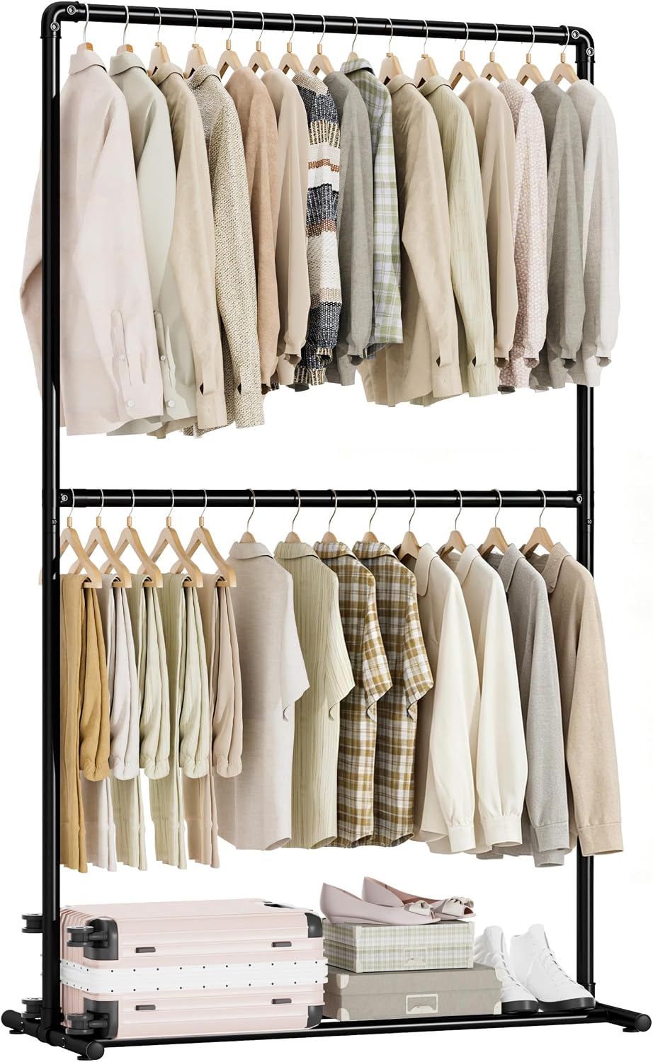 Freestanding Clothing Rack, Metal Hanging Rails, Black, 39x18x67 In