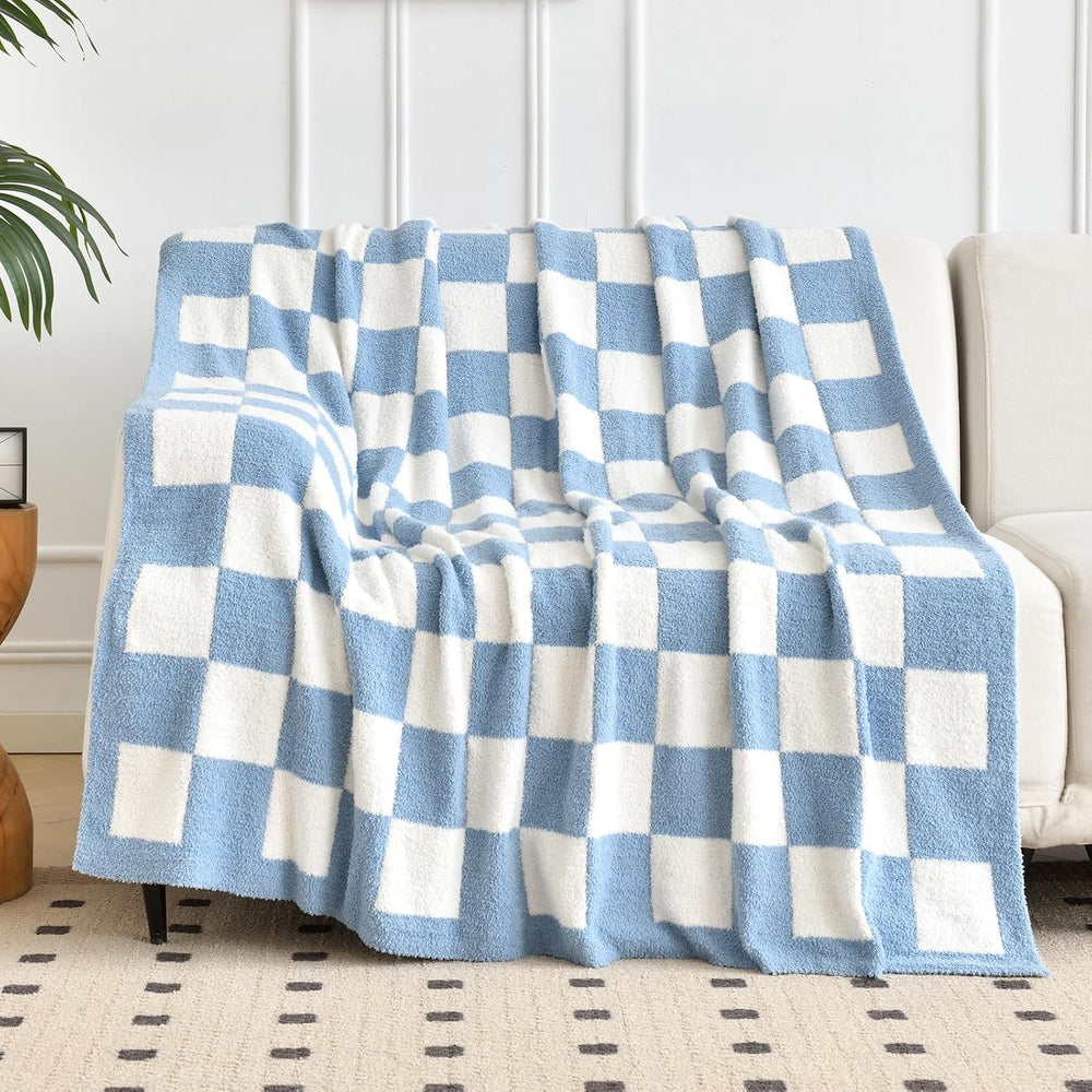Checkered Throw Blanket for Couch Bed, Blue, Twin 60"x80"