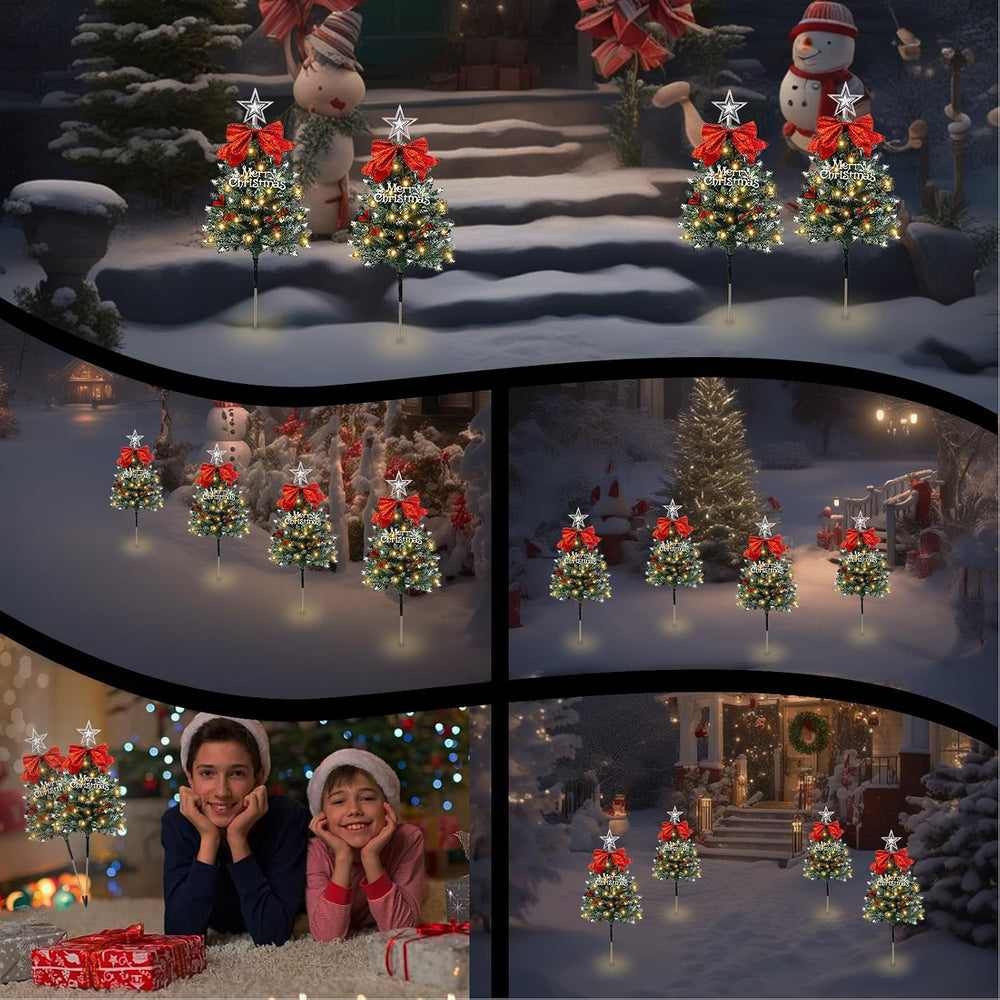 Christmas Tree Solar Pathway Lights Outdoor Decor, 4 Pack, Snowy