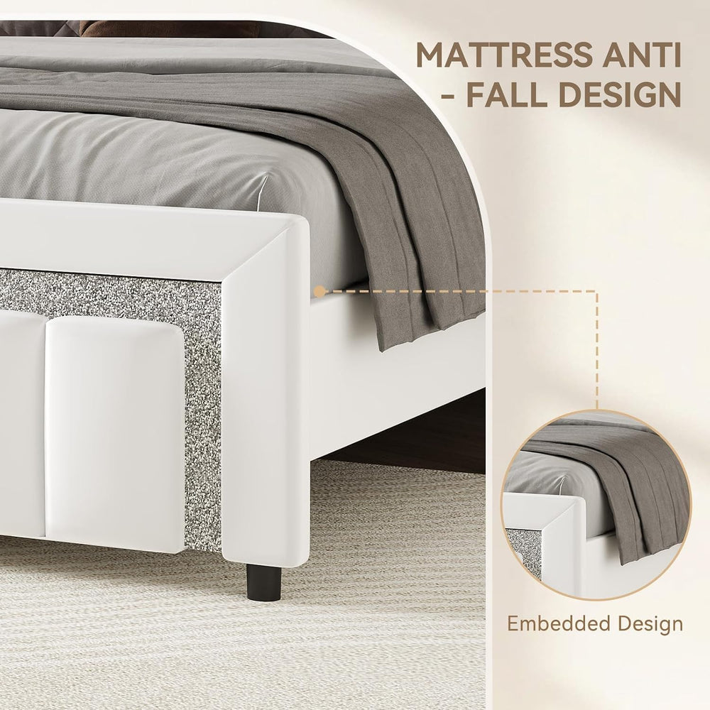 HOMBCK Full Size Bed Frame with Velvet Upholstered Headboard, White