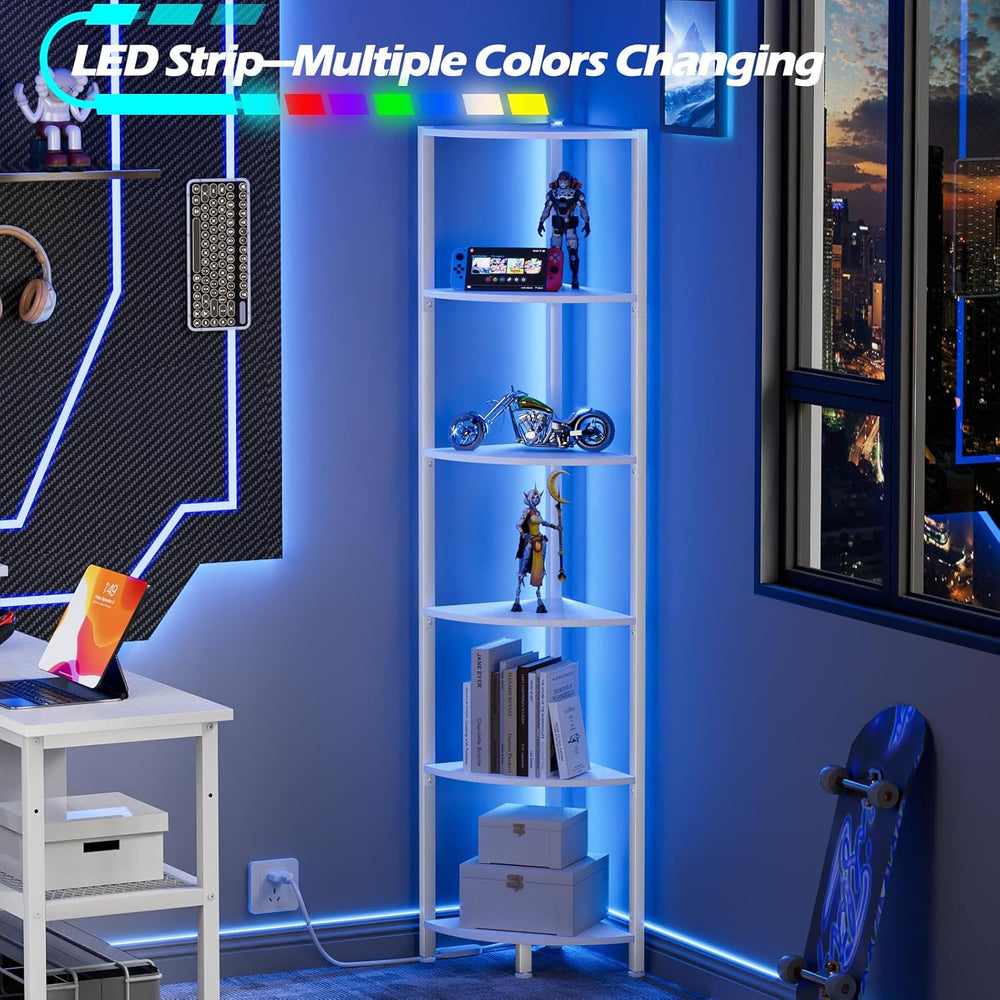 Furnulem 6 Tier Corner Shelf with LED Light, 67.5" White Narrow Bookshelf