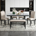 Merax Modern 6-piece Dining Table with Cushions Chairs and Bench, Elegant Dining Table Seat Backs for Dining Room, White