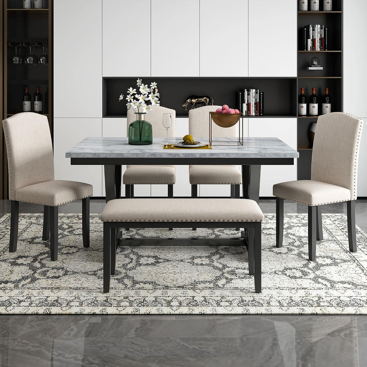 Merax Modern 6-piece Dining Table with Cushions Chairs and Bench, Elegant Dining Table Seat Backs for Dining Room, White