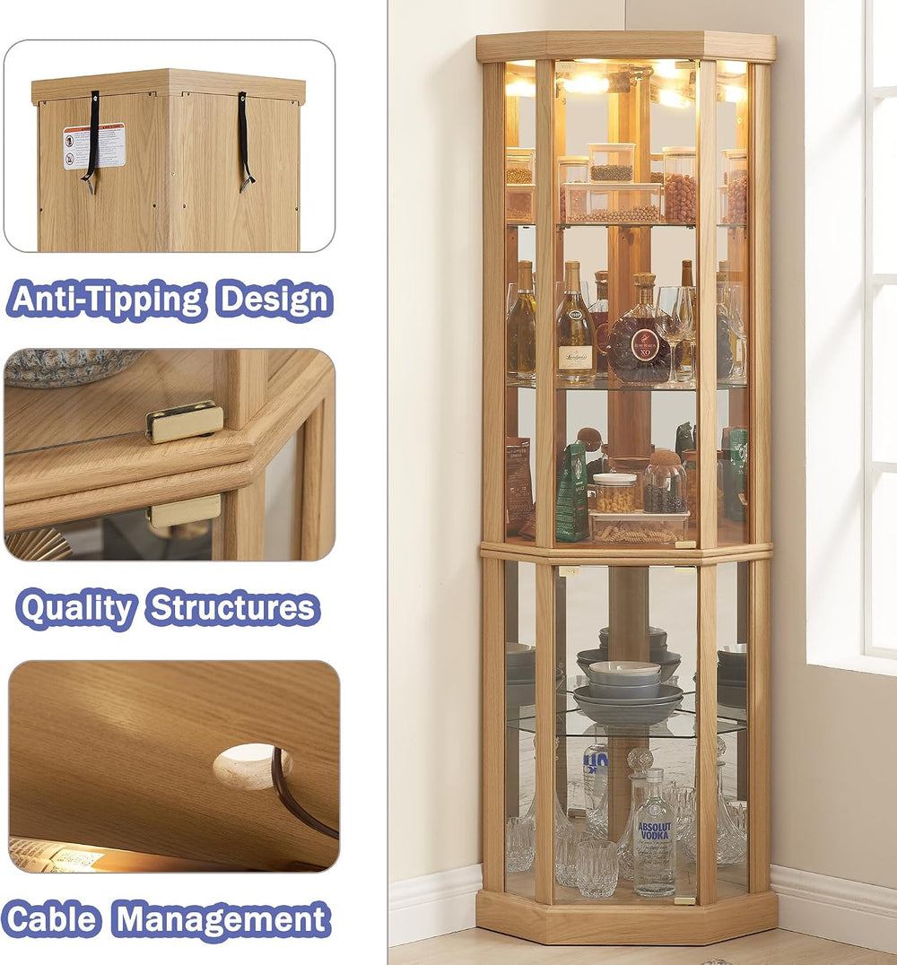 69" H Corner Curio Cabinet with Light, Corner Glass Display Showcase wit...