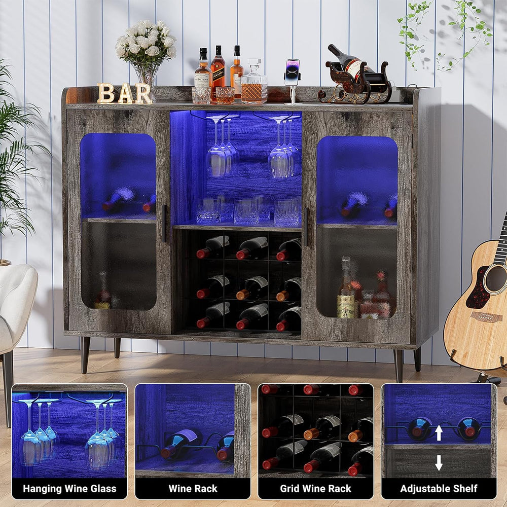 Coffee Bar Cabinet with Power Outlets and LED Light, Black Oak