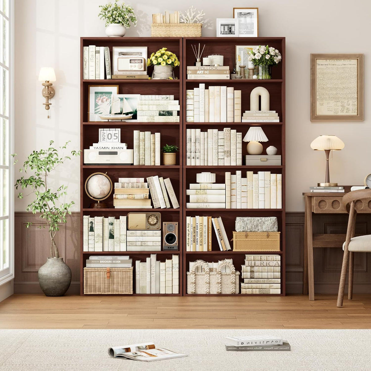 fotosok 6 tier tall bookshelf and bookcase with, side view