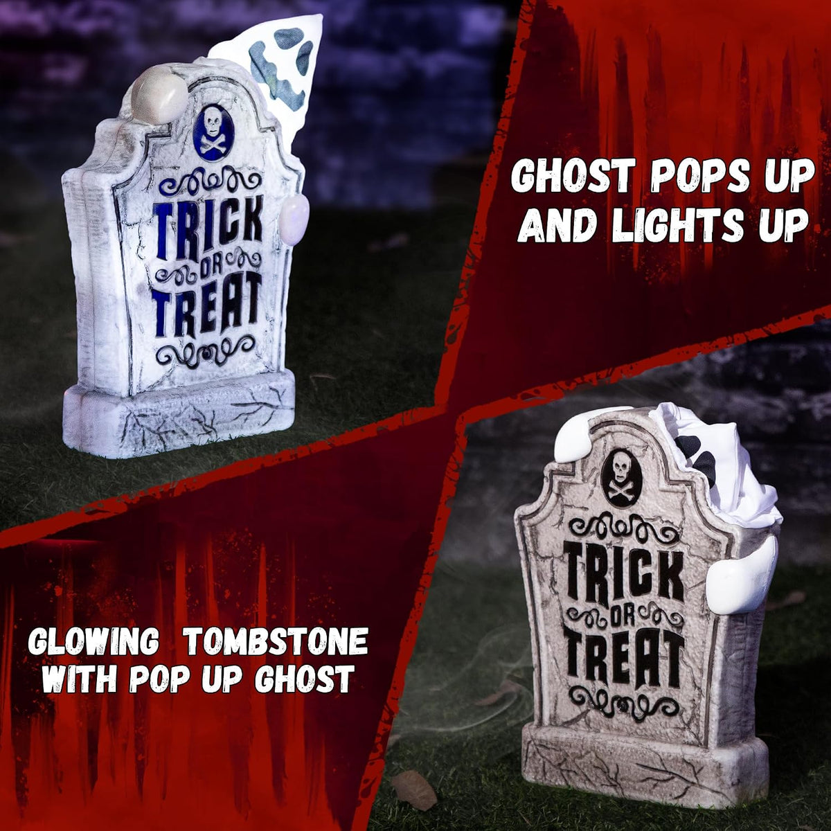 ELAMAS Halloween Decorations Animatronic Tombstone with Pop-Up Ghost, Sound & Motion Sensor Activated Haunted Graveyard Prop, Trick or Treat Cemetery Yard Sign for Indoor Outdoor Halloween Decor