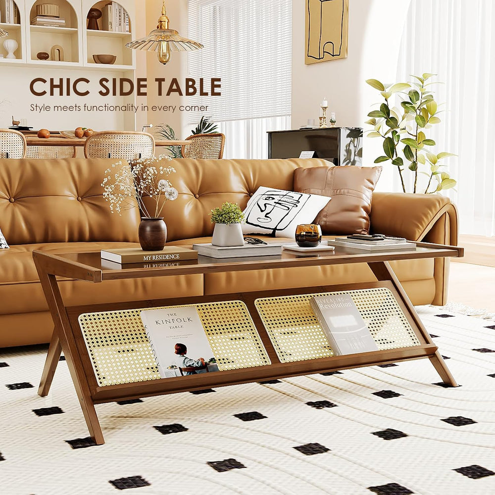 Bamworld Rattan Coffee Table with Glass Top Mid-Century Modern Center Table