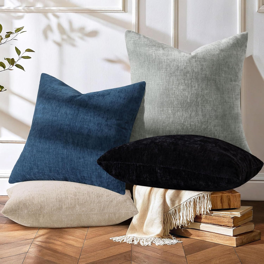 decorUhome Beige Black Soft Chenille Throw Pillow Covers 20X20 Set of 4