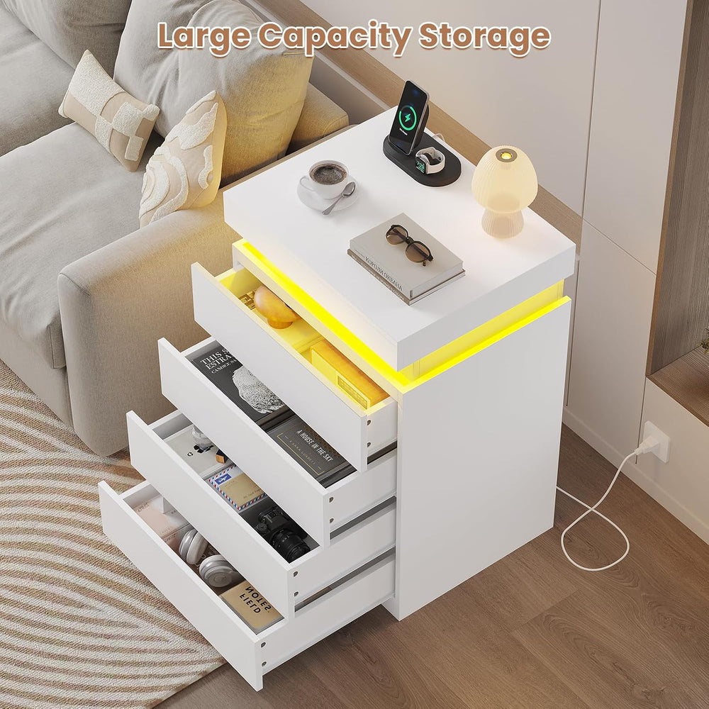 ADORNEVE White Nightstand with Drawers and LED Lights
