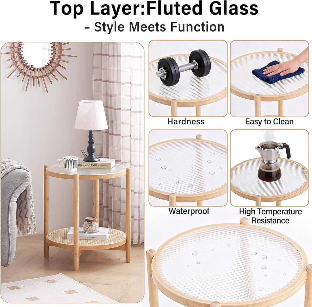 Tiita Rattan Side Table, Modern Round Bamboo End Table, Glass Top, Wood