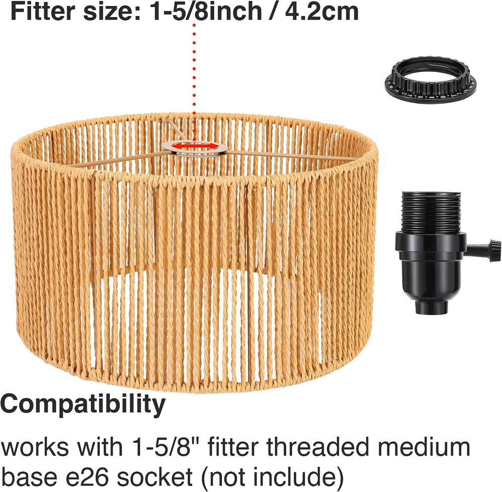 Natural Handwoven Rattan Boho Wicker Lamp Shade Replacement, 1-5/8" Fitter