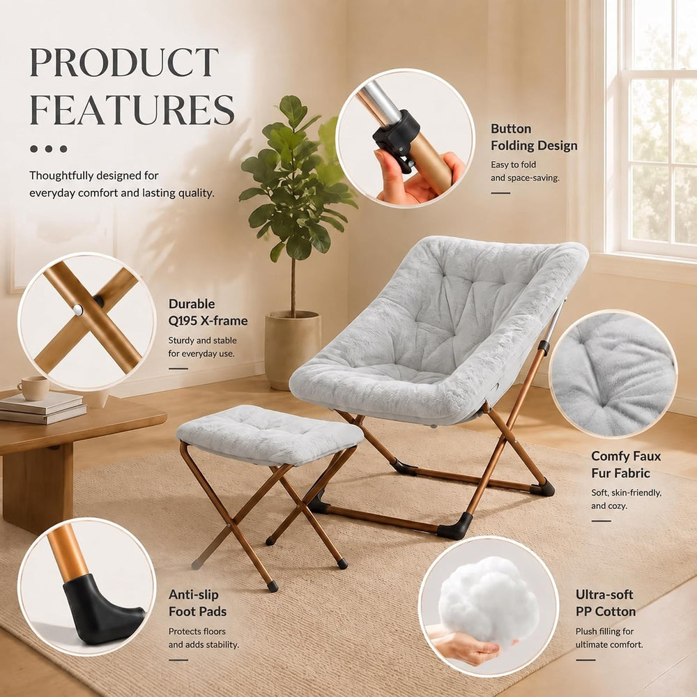 Youtanic Comfy Oversized Saucer Chair with Ottoman,Soft Faux Fur Reading Loun...