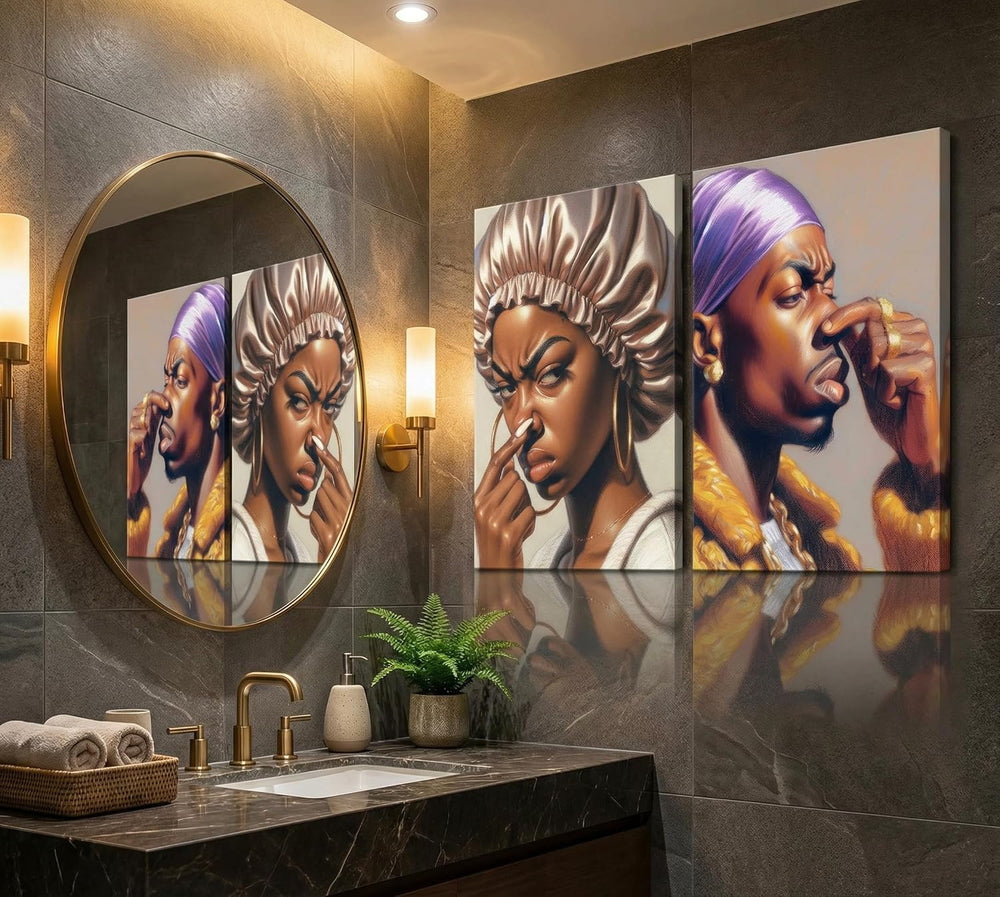 2Pcs Funny African American Bathroom Canvas Wall Art African men and Women Pi...