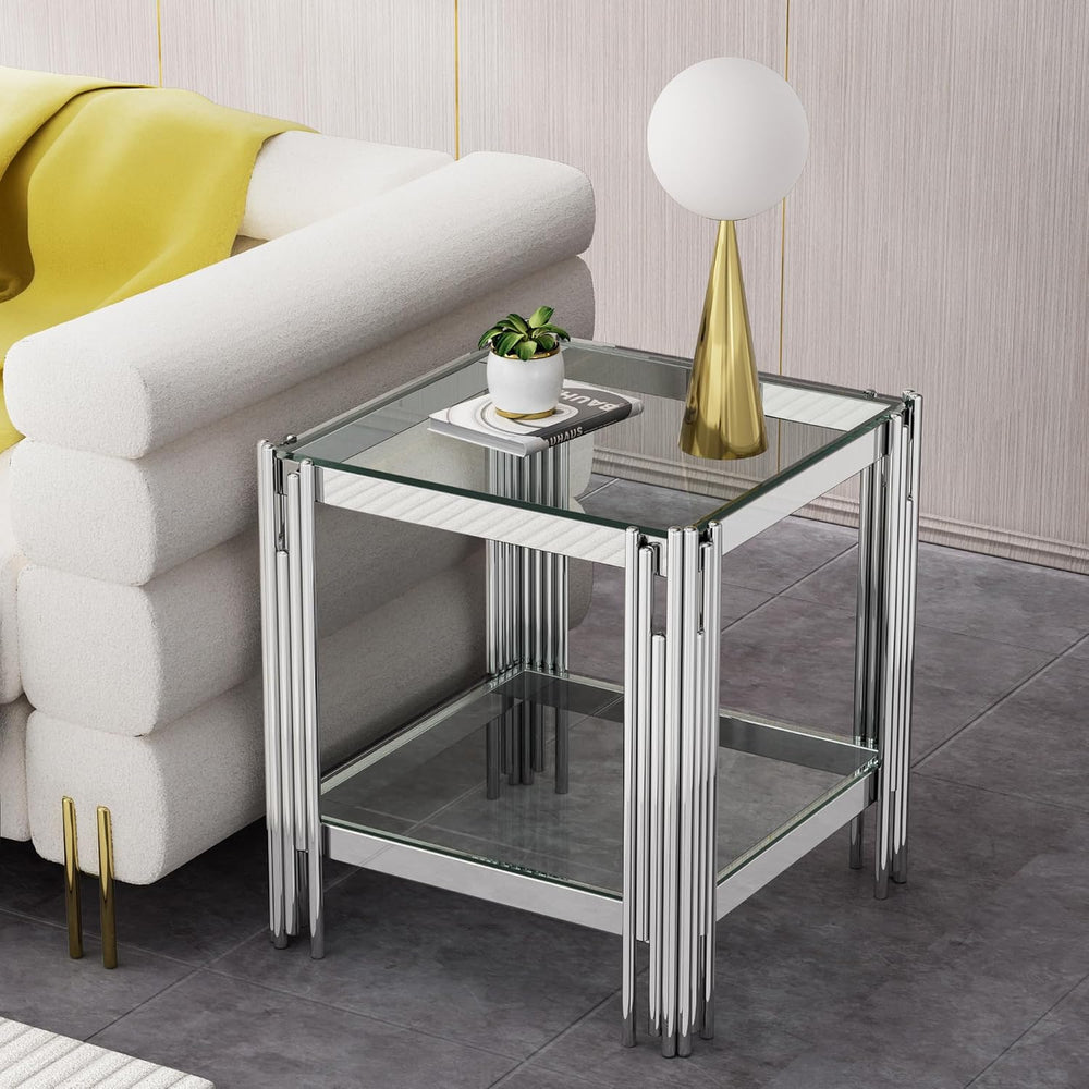 Henf 3-Piece Glass Living Room Table Set, 2-Tier Glass Coffee Table & 2 E...