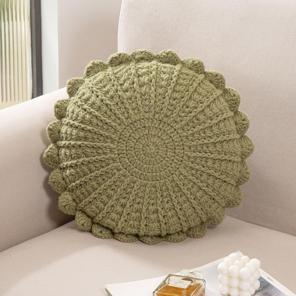 Knitted Throw Pillow Round Couch Pillow (Olive Green, 18inch)