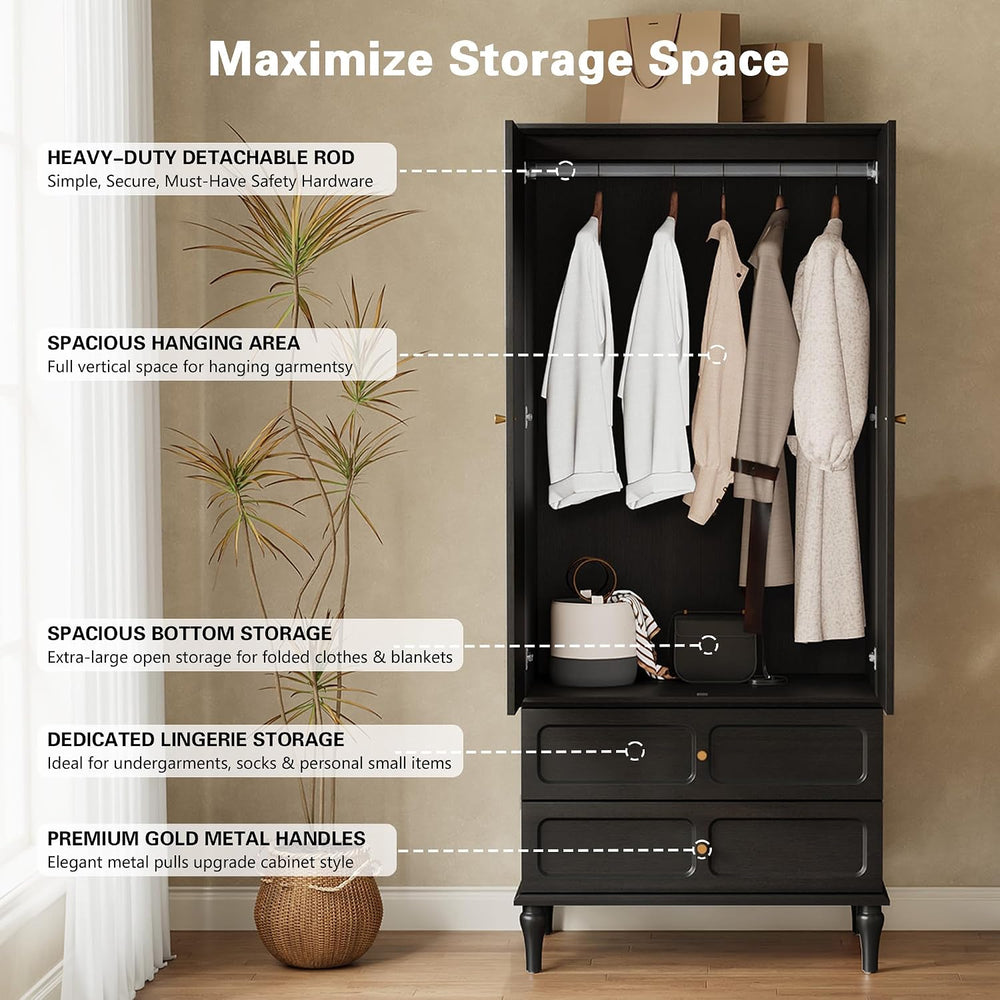 HLR 71" Wardrobe Closet Mid-Century Modern Style,Black