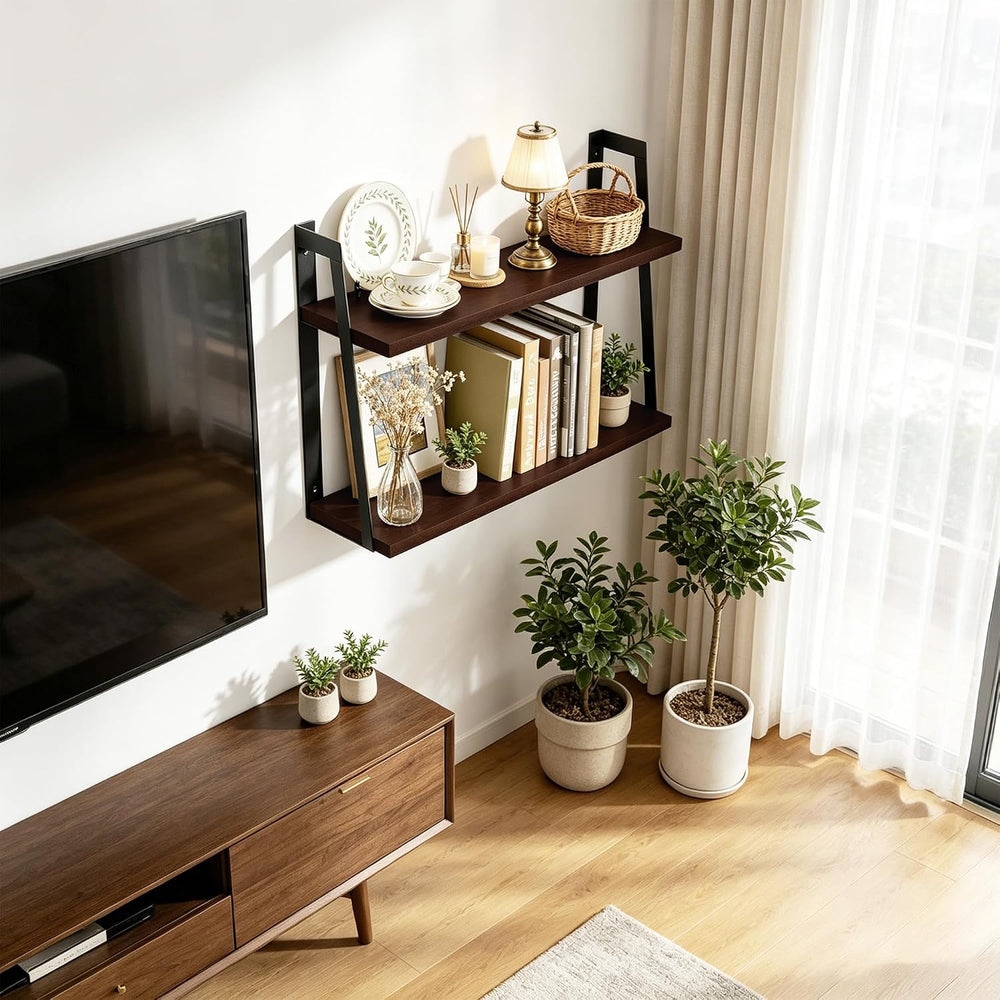 SRIWATANA Dark Walnut 2-Tier Floating Shelves, Wood Wall Storage Shelf Unit