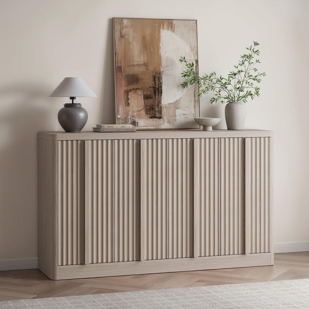 yansnwo 60" fluted buffet cabinet with solid wood, close-up detail