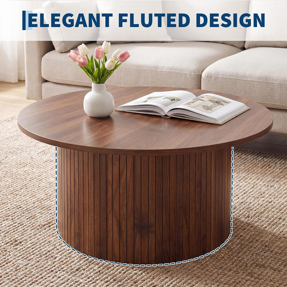 Garvee 31.5" Round Coffee Table, Small Coffee Table with Fluted, Walnut