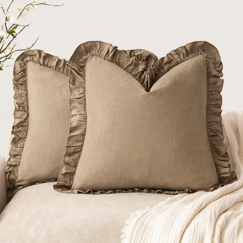 Foindtower Linen Fringe Ruffle Throw Pillow Covers 22×22 Inch Light Brown
