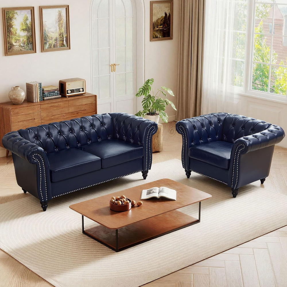 ORRD 2 Piece Chesterfield Faux Leather Sofa Couch Chair