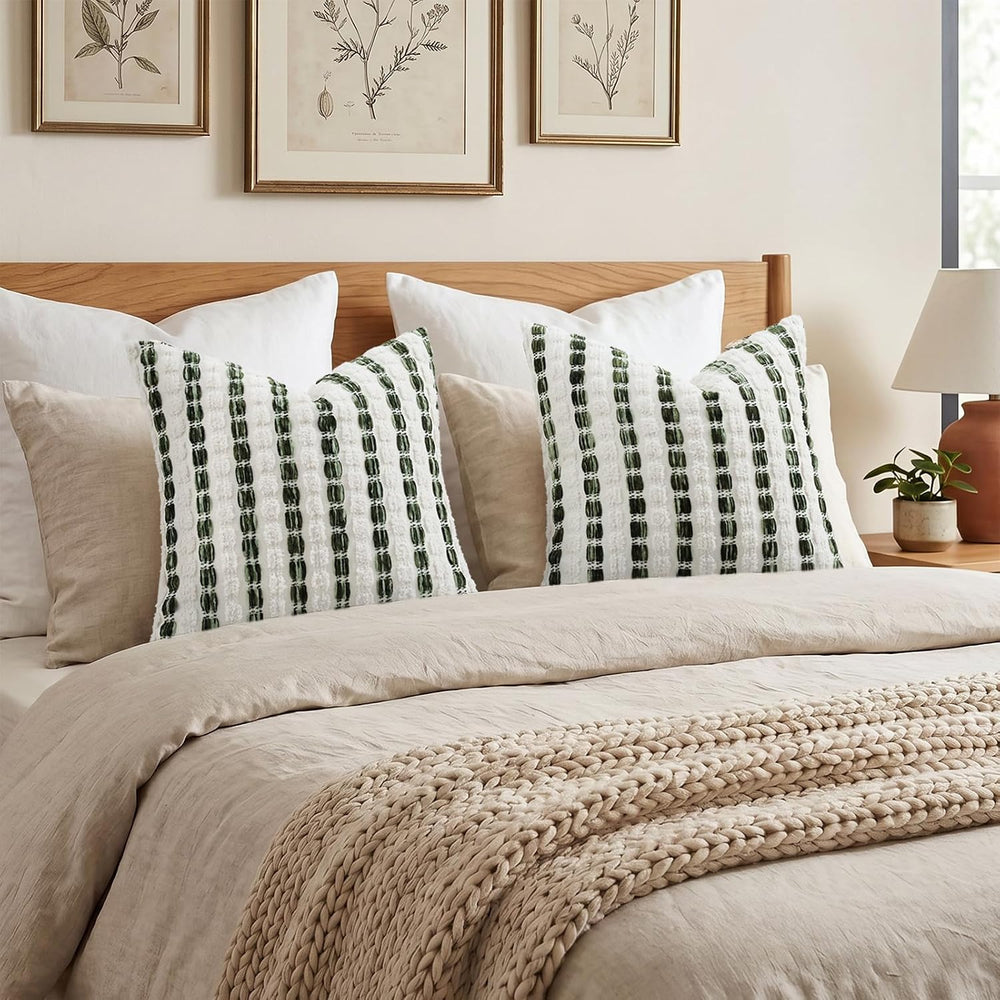 decorUhome Chenille Tufted Stripe Throw Pillow Covers 20x20 Set of 2 Green