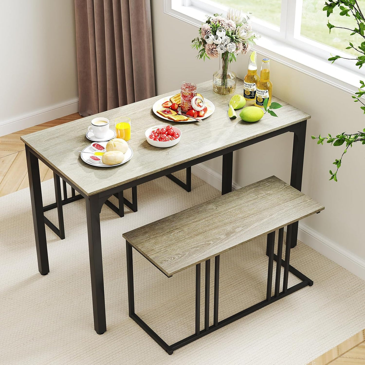 GOFLAME 4-Piece Dining Table Set for 4, Rectangular Wood Dining Table with Bench & 2 Stools, Industrial Kitchen Table Set, Space-Saving Dinette Set for Living Room, Dining Room, Pub, Grey Oak