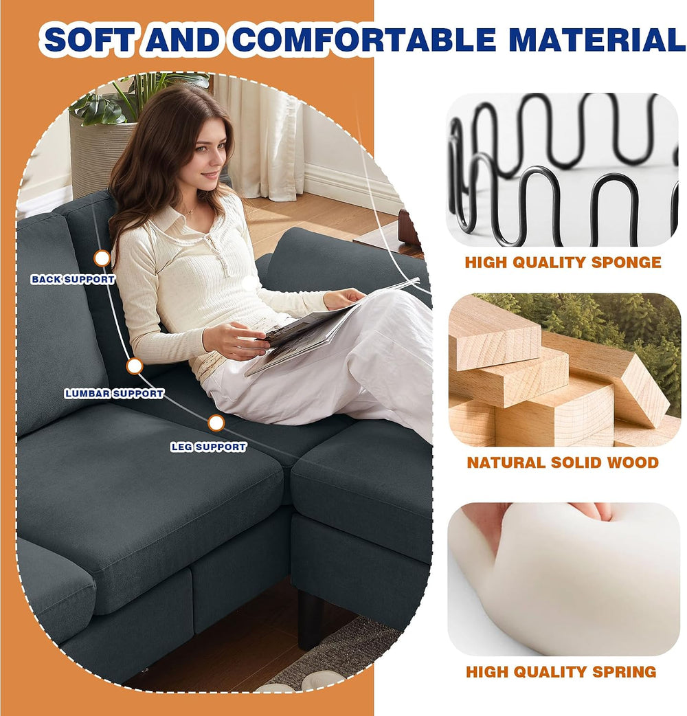 4 Piece Convertible Sectional Sofa Set, Modern Linen Small L Shaped Couch wit...