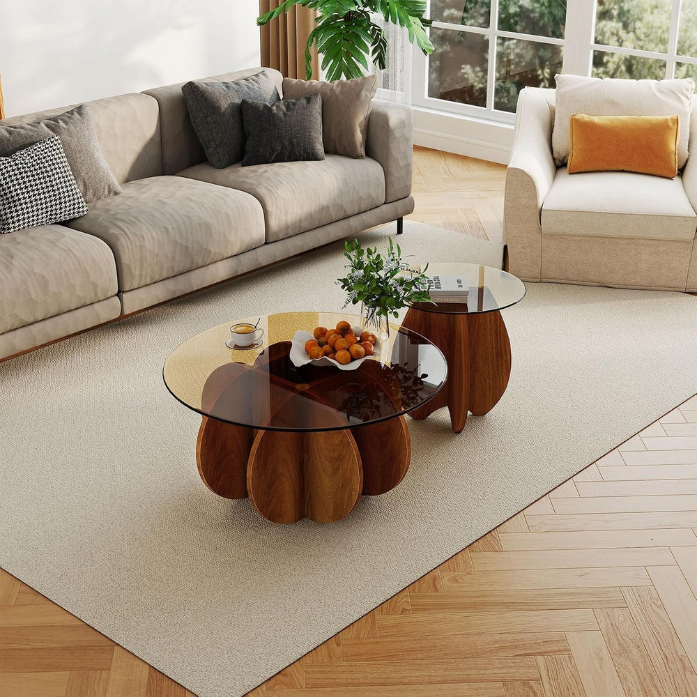 Pumpkin-Shaped Coffee Table with MDF Frame & Amber Tempered Glass Top
