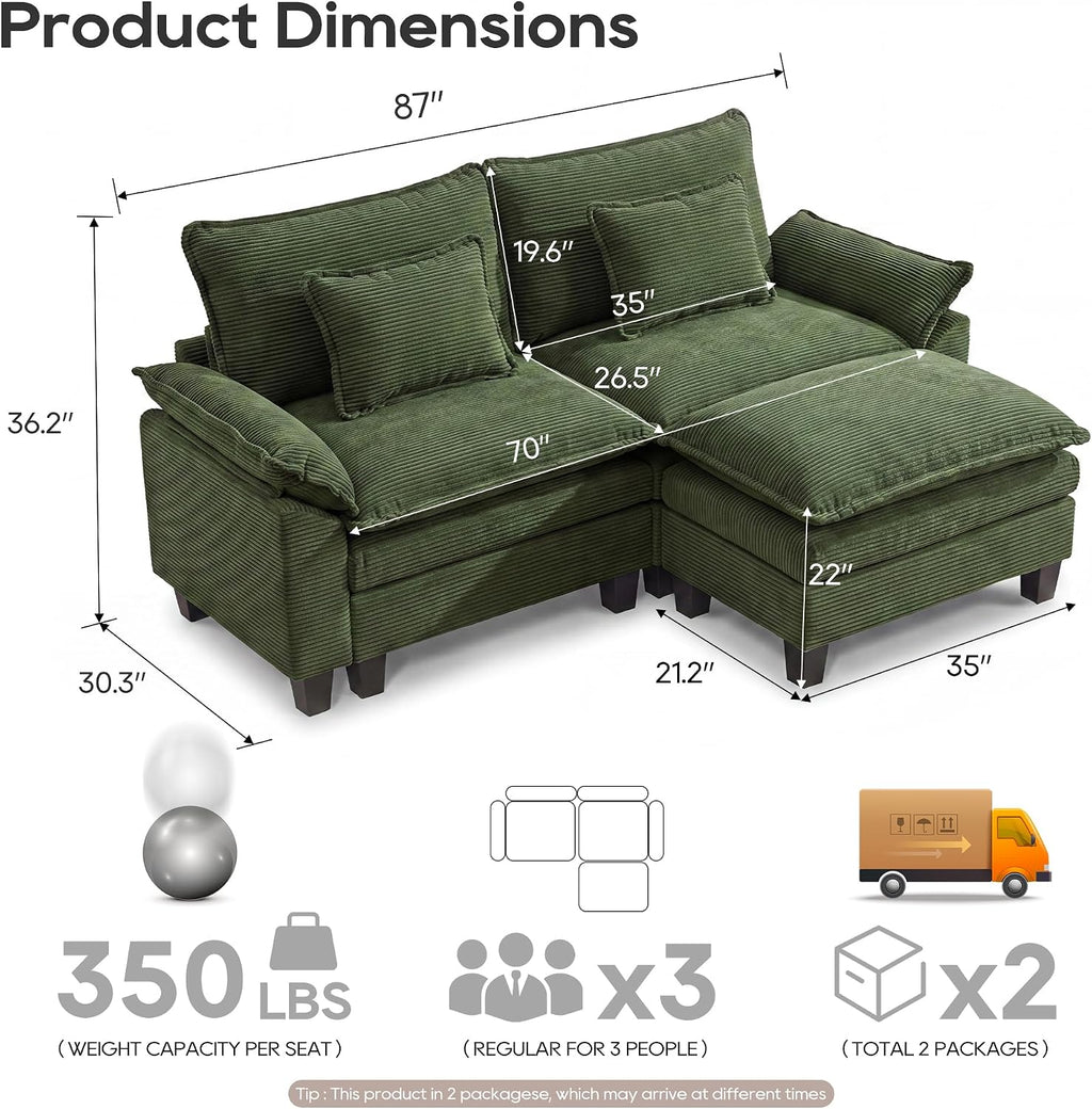 URRED Oversized Modular Sectional Sofa，Solid Green：87" L Shaped
